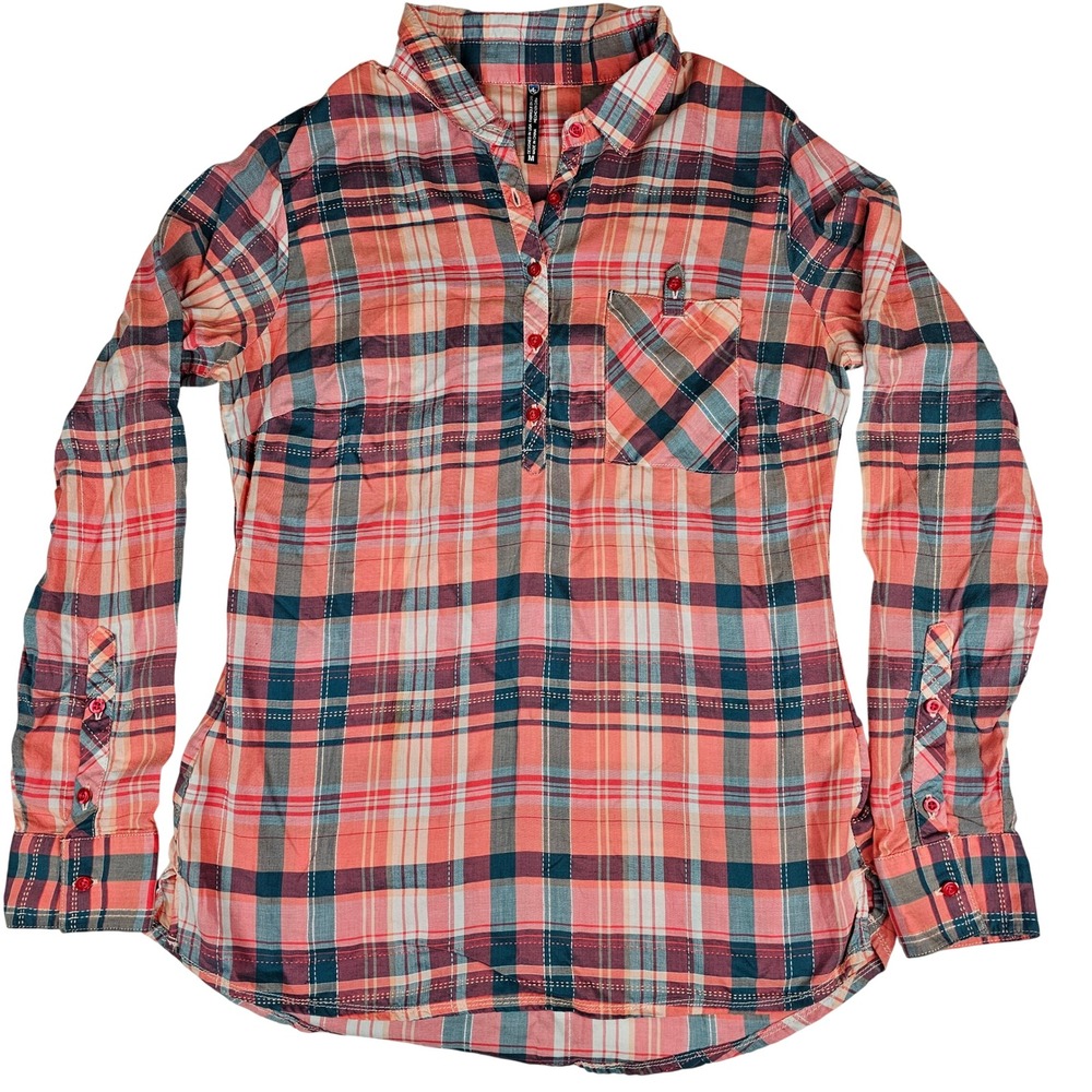 Kuhl Women's Plaid Tunic Top Long Sleeve Button Front Coral Orange Blue Size M